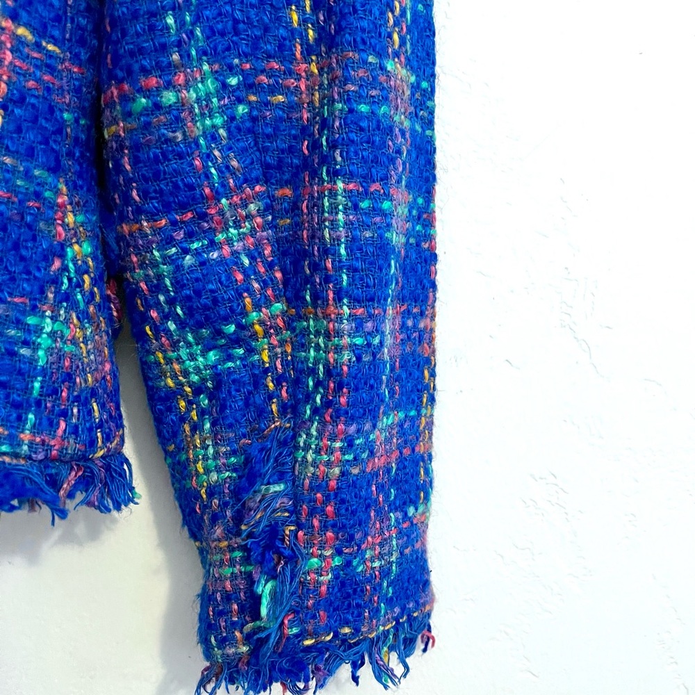 Vintage Bright Blue Plaid Neon Pink Green Business Fringe Blazer Suit Coat - Picture 11 of 14